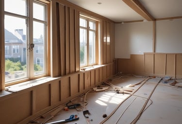 Interior home renovation featuring wooden wall framing, exposed beams, and construction tools in a sunlit room.