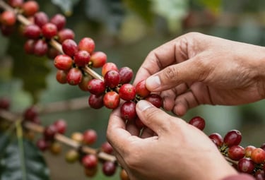 A skilled hand picking ripe, bright red coffee cherries from a branch. Natural outdoor lighting, shallow depth of field focusing on the fruit quality. Earthy tones matching the #5D4037 palette.