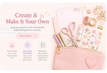 Flat lay of pink journaling supplies, floral stickers, and a pencil case for creative DIY scrapbooking.