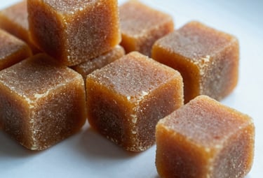 A close-up photograph of golden-brown organic jaggery blocks arranged on a clean, light blue surface. The lighting is soft and natural, emphasizing the rich texture and purity of the product.