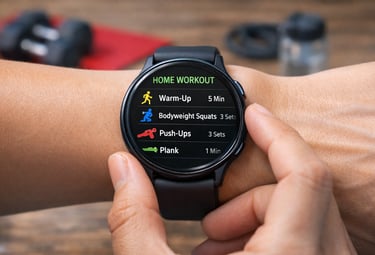 Two black hexagonal dumbbells on a red exercise mat in a bright living room with natural light and fitness accessories