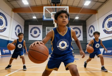 a young boy playing basketball in a gym
