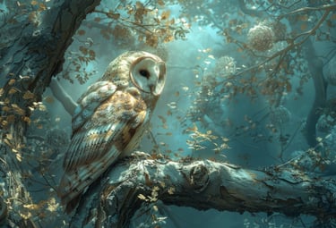 Forest scene with a barn owl, surrounded by floating leaves and light