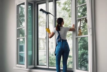 Worker washing large office windows using soft wash technique on a sunny day.