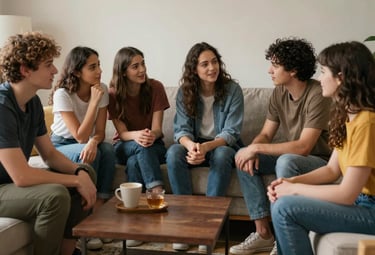 A group of friends sitting together on comfortable sofas in a North American living room, engaged in a heartfelt conversation. The lighting is soft and empathetic.