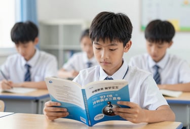 A photograph of a focused middle school student studying with a modern science textbook. Clean composition, professional lighting, with #3C5A6C accents.