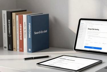 A minimalist home office setup in a South Asian / Global setting, featuring books on search engine optimization and a tablet showing a bright interface, captured in soft natural daylight.