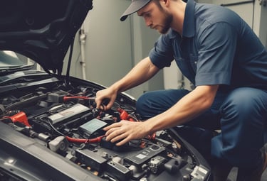 Close-up of a mobile mechanic changing a flat tire on a suburban street.