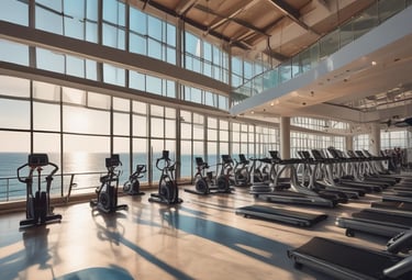 A bright, airy fitness center with people exercising using various gym equipment.