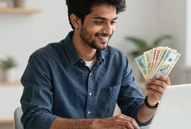 A small Indian business owner smiling confidently inside their shop, representing business loan support.