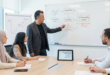 Members of a corporate communications team discussing brand strategy with a tablet and printed materials.