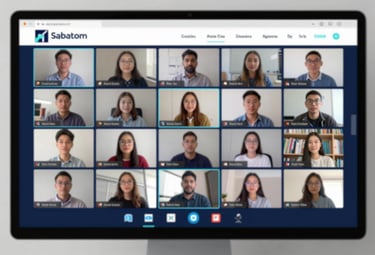 A focused shot of a digital screen showing a virtual classroom with students in Asia learning German. The scene is bright and professional, incorporating the brand's navy (#0C2E4D) and light blue (#A9D6E5) palette.