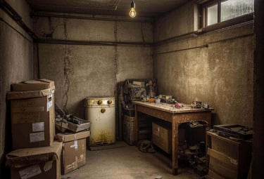 A dimly lit unfinished basement featuring a single light bulb, wooden workbench, and cardboard storage boxes.