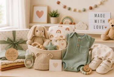 Neutral baby gift basket with a plush bunny, organic cotton clothes, and wooden toys in a nursery setting.