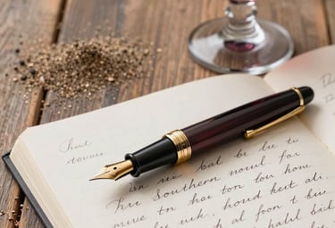 A close-up photograph of a vintage fountain pen resting on a handwritten manuscript, next to a glass of dark red wine on a rustic wooden table, sand and charcoal tones, elegant Southern European style.