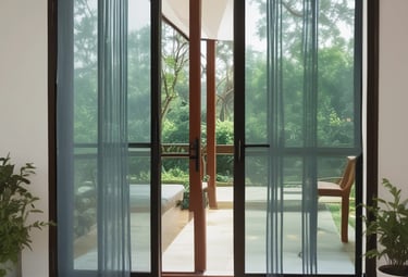 A completed mosquito net neatly installed on a balcony door with velcro strips in chennai