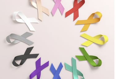 A circular arrangement of colorful cancer awareness ribbons representing various health causes and support.