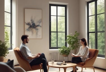 A calm therapy room with soft lighting and comfortable seating for sessions.
