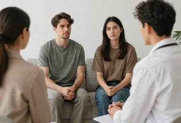 A calm therapy room with soft lighting and comfortable seating for sessions.