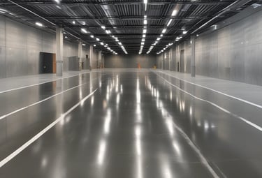 Shiny polished concrete floor reflecting light inside a modern industrial garage.