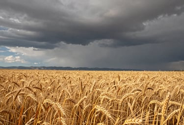 A dramatic photograph of a golden wheat field under a vast Montana sky. The lighting is moody with slate gray clouds in the distance and bright gold sun on the foreground stalks, emphasizing the high-plains aesthetic.