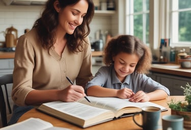 A group of parents and children sharing stories and laughter in a faith-based homeschool setting.