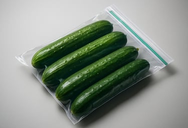 A high-resolution studio photograph of a premium cucumber bag with a zipper seal and bilingual English-French labeling, lying on a neutral grey surface with a clean North American retail aesthetic.