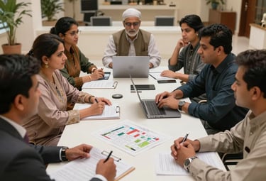 A sleek office space with agents discussing property documents and plans.