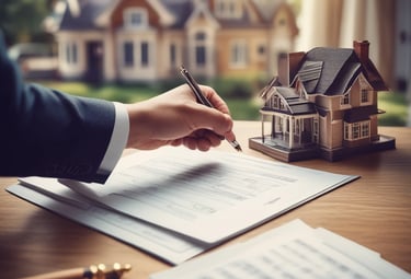 Close-up of hands signing a property sale agreement on a wooden desk.