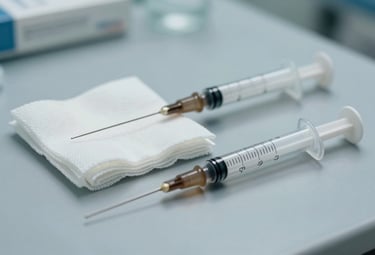 Detailed shot of medical supplies including sterile gauze and syringes on a clean clinical surface, soft pale blue-grey lighting, professional medical photography style in a South American / Latin American facility.