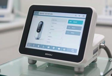 Close-up of a high-tech IPL device display showing a sleek user interface with professional medical settings, reflecting off a polished glass surface in a bright, clean clinic.