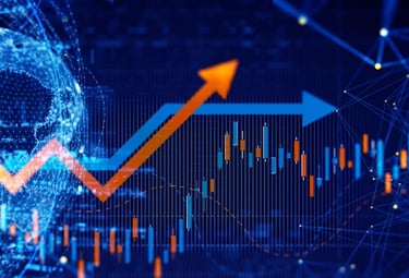 Global stock market chart with rising orange and blue arrows and digital data visualization.