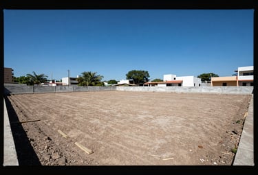 A professional real estate photograph of a vacant urban land lot in Veracruz, Mexico, neatly cleared and prepared for construction, under a clear blue sky. Professional framing emphasizing the space.