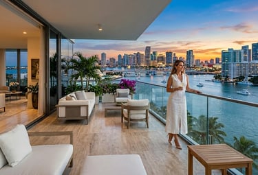 A woman stands on a luxury Miami condo balcony overlooking the city skyline at sunset.