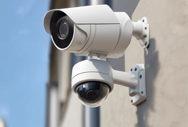 High-resolution security cameras monitoring a commercial building exterior.