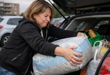 femme qui porte un sac très grand et lourd contenant de la litière pour ses chats
