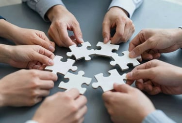 Close up of diverse hands working together to solve a complex oversized puzzle, symbolizing strategic alignment and problem solving. Professional aesthetic using #3A5C54 tones.