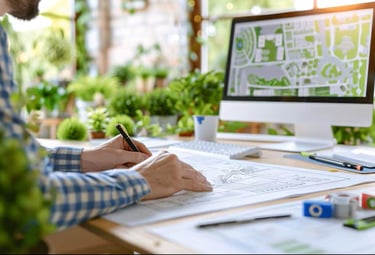 Draftsperson sketching garden design on a desk with a computer monitor showing a site plan.