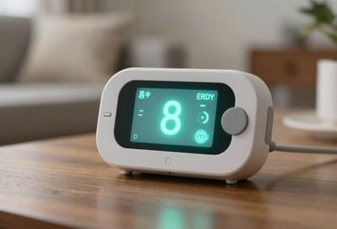 A close-up of a modern health monitoring device in a North American / Canadian home setting, glowing with soft misty teal light.