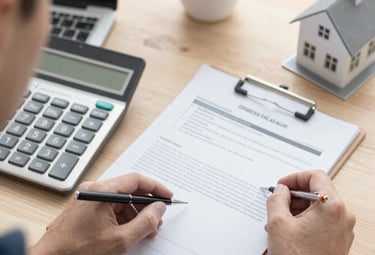 A consultant discussing property plans with clients over blueprints.