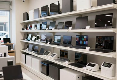 Shelves stocked with diverse retail electronic products in a bright, welcoming store.