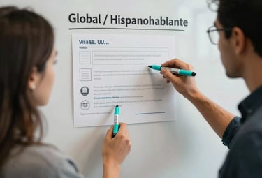 Photography of a creative team planning visa application strategies on a whiteboard, turquoise markers, collaborative office environment, Global / Hispanohablante con enfoque en EE. UU.