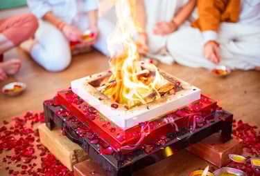 Sacred Agni Hotra fire ceremony with red rose petals and people sitting in meditation.
