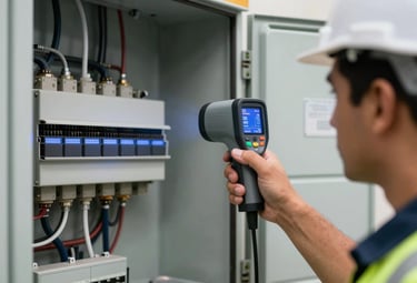 Close-up of a professional engineer using a high-precision thermal imaging camera to inspect a building's electrical panel, South American setting, technical and focused.