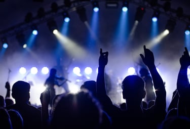 a person holding up their hands in front of a stage