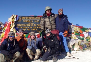 six trekkers at the Thurlong-la pass in Nepal