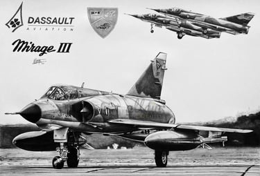 Dessin réaliste en noir et blanc d'un Mirage III