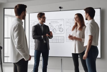 a group of people standing around a white board