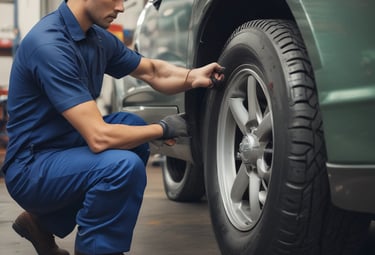 A close-up of a mechanic inspecting brake components.