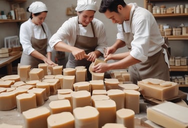 Artisan hands mixing natural ingredients in a rustic wooden bowl surrounded by herbs.